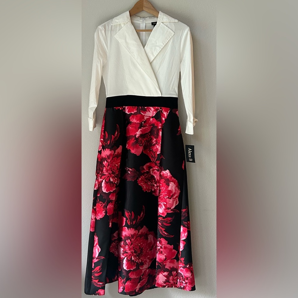(NWT) Formal Event Dress; White Button Up & Satin Floral Full Length (Size 4)